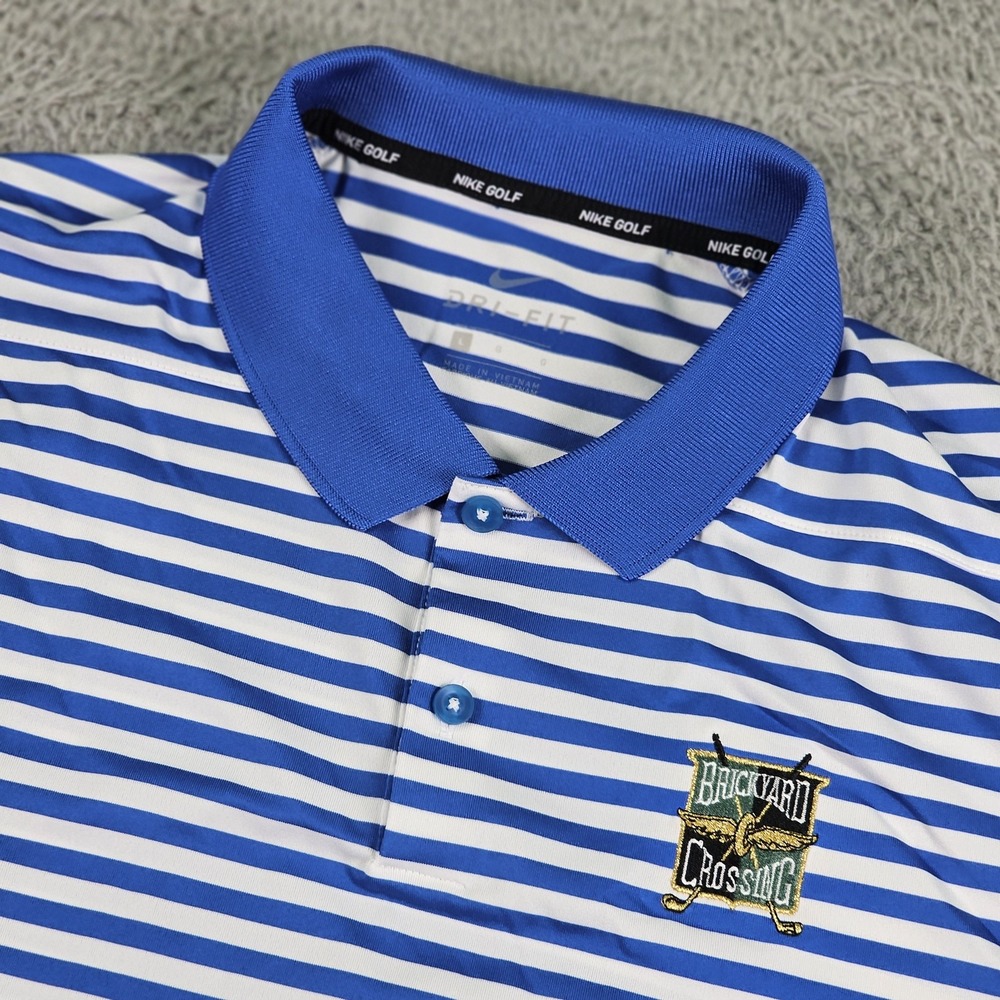 Nike Golf Shirt Mens Large Blue White Striped Dri Fit Backyard Crossing Logo